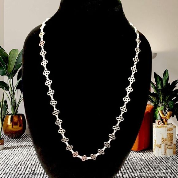 TORY BURCH STATEMENT SILVER LONG NECKLACE RHODIUM PLATED - Picture 1 of 5